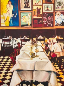 Paris Bar 1 Keine Rauschmittel vor elf! 2024, Öl auf Leinwand, 200 x 150 cm