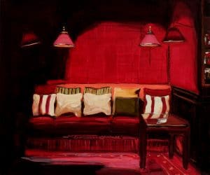 Serie Brenners Parkhotel – Sofa mit rot-weiß gestreiften Kissen, 2005, Öl auf Leinwand, 50 × 60 cm